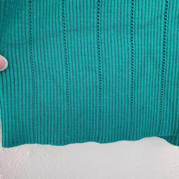 Adrianna Papell Rib Cable Short Sleeve Collar Sweater, Green, Size Medium - Picture 4 of 8